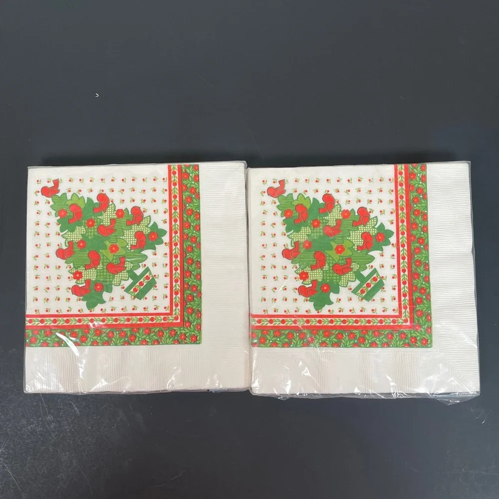 Vtg 2 Ambassador Christmas Tree‎ Red Bird Luncheon Napkins MCM Partridge Holly